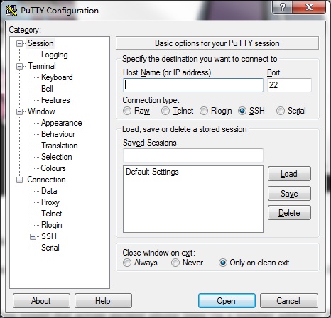 PuTTY Configuration Screen