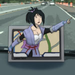 Sheena Fujibayashi from Tales of Symphonia reaching out from a Garmin GPS, pointing to a driver to where to go next.