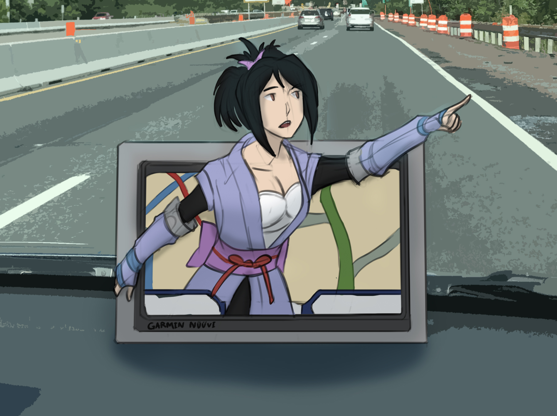 Sheena Fujibayashi from Tales of Symphonia reaching out from a Garmin GPS, pointing to a driver to where to go next.