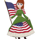 A Japanese chibi of Lucy Hood, posing with an American flag and lifting her dress to show the flag beneath